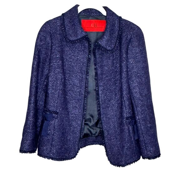 Carolina Herrera Jacket Womens Size 6 Navy Blue Boucle Tweed Hook Eye Bow Trim - Picture 1 of 10